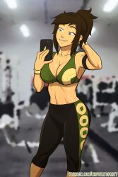 Rule 34 | 1girl, absurdres, armband, avatar: the last airbender, avatar legends, bare shoulders, breasts, brown hair, cleavage, female focus, gym, highres, jin (avatar), large breasts, legs, long hair, midriff, navel, nickelodeon, pants, ponytail, selfie, smile, solo, sports bra, sportswear, standing, starchy (mrpotatoparty), straight hair, sweat, thighs, toned, watermark, wide hips, yoga pants
