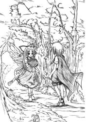 Rule 34 | 2girls, artist request, female focus, forest, highres, monochrome, multiple girls, nature, outdoors, plant, skirt, tagme, touhou, white background, wriggle nightbug