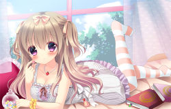 Rule 34 | 1girl, aono ribbon, bare shoulders, bed, blush, book, bookmark, bow, breasts, brown hair, casual, cleavage, curtains, dress, full body, hair between eyes, hair bow, hair ribbon, indoors, jewelry, large breasts, long hair, looking at viewer, lying, necklace, on stomach, original, purple eyes, ribbon, scrunchie, solo, star (symbol), striped clothes, striped dress, striped thighhighs, thighhighs, two side up, window, wrist scrunchie