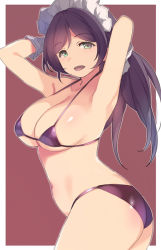 1girl, armpits, arms behind head, ass, bikini, breasts, deyuuku, eyebrows visible through hair, gloves, green eyes, large breasts, long hair, looking at viewer, love live!, love live! school idol project, low twintails, maid headdress, open mouth, purple bikini, purple hair, solo, swimsuit, toujou nozomi, twintails, white gloves