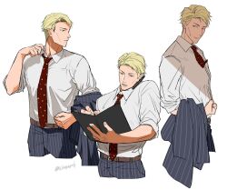 Rule 34 | 1boy, belt, blonde hair, blue jacket, blue pants, book, brown belt, cellphone, collared shirt, commentary request, expressionless, highres, holding, holding book, holding pen, jacket, jujutsu kaisen, long sleeves, looking at viewer, male focus, nanami kento, necktie, pants, pen, phone, pinstripe jacket, pinstripe pants, pinstripe pattern, polka dot necktie, red necktie, sano maru, shirt, short hair, smartphone, solo, standing, striped, suit jacket, sweat, white shirt