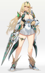 Rule 34 | 1girl, absurdres, blonde hair, breasts, brown eyes, chest jewel, cleavage, closed mouth, commentary request, earrings, full body, gloves, grey background, headpiece, highres, holding, holding sword, holding weapon, jewelry, large breasts, legs, long hair, looking at viewer, mythra (xenoblade), negresco, simple background, solo, standing, swept bangs, sword, thigh strap, thighs, tiara, weapon, white gloves, xenoblade chronicles (series), xenoblade chronicles 2