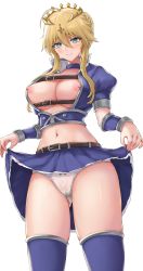 Rule 34 | 1girl, absurdres, aqua eyes, artoria pendragon (fate), artoria pendragon (lancer) (fate), belt, blonde hair, blue skirt, blue thighhighs, blush, braid, breasts, cameltoe, closed mouth, clothes lift, crown, fate/grand order, fate (series), french braid, hair between eyes, highres, large breasts, looking at viewer, medium hair, navel, nipples, panties, sauvignon, simple background, skirt, skirt lift, smile, solo, thighhighs, thighs, underwear, white background, white panties