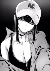Rule 34 | 1girl, black background, breasts, choker, cleavage, collarbone, gradient background, hat, highres, hime cut, looking at viewer, lynus, medium breasts, monochrome, naoko-san, off-shoulder shirt, off shoulder, one eye closed, original, shirt, solo