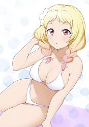Rule 34 | 1girl, barkhorn0331, bikini, blonde hair, braid, breasts, cleavage, collarbone, commentary, gradient hair, hair over shoulder, hair ribbon, hand in own hair, highres, large breasts, light blush, long hair, looking at viewer, love live!, love live! superstar!!, multicolored hair, onitsuka natsumi, parted lips, pink eyes, pink hair, polka dot, polka dot background, ribbon, short bangs, sitting, solo, swimsuit, twin braids, white background, white bikini, white ribbon, yokozuwari