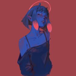 Rule 34 | 1girl, backlighting, blunt bangs, bob cut, color contrast, halo, hashtag-only commentary, head tilt, highres, hololive, hololive english, kranny el, limited palette, lips, looking at viewer, mole, mole under eye, ninomae ina&#039;nis, nose, off-shoulder shirt, off shoulder, orange background, orange hair, parted lips, pointy ears, realistic, shirt, short hair, solo, tentacle hair, virtual youtuber