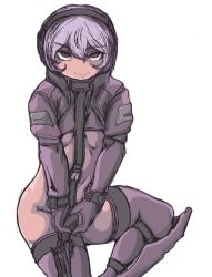 Rule 34 | 1girl, armor, breasts, closed mouth, commentary request, cropped jacket, doekuramori, feet out of frame, gloves, greaves, grey eyes, gun, handgun, headphones, high collar, holding, holding gun, holding weapon, jacket, layered sleeves, light purple hair, long sleeves, looking at viewer, martyr (the citadel), navel, open clothes, open jacket, pink jacket, prototype design, purple gloves, purple sleeves, purple thighhighs, revealing clothes, revolver, short hair, short over long sleeves, short sleeves, shrug (clothing), simple background, small breasts, smile, solo, the citadel, thighhighs, thighs, two-handed, underboob, upturned eyes, v arms, weapon, white background