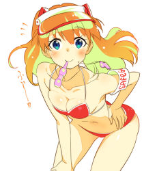 Rule 34 | 1girl, armband, bikini, blue eyes, blush, breast press, breasts, collarbone, hair ornament, hand on own hip, hand on thigh, leaning forward, long hair, looking at viewer, medium breasts, mouth hold, navel, neon genesis evangelion, orange hair, red bikini, smile, solo, souryuu asuka langley, sweatdrop, swimsuit, visor cap, whistle, zpolice