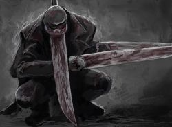 Rule 34 | black pants, blood, blood on clothes, bloody weapon, chainsaw man, coat, facing down, fighting stance, grey background, greyscale, hat, katana, katana man (chainsaw man), kishima (ki123454321), monochrome, pants, simple background, solo, squatting, sword, trench coat, weapon