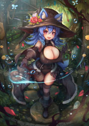 Rule 34 | 1girl, :d, ai gon deroga, animal ear fluff, animal ears, bare shoulders, blue hair, blurry, boots, breasts, bridge, cleavage, cleavage cutout, clothing cutout, depth of field, earrings, ears through headwear, flower, forest, fur trim, gloves, hair between eyes, hat, hat flower, house, huge breasts, jewelry, leather, leotard, long hair, looking at viewer, magic, medium hair, nature, open mouth, original, pink eyes, potion, revision, showgirl skirt, single earring, smile, solo, staff, standing, striped clothes, striped thighhighs, tail, thick eyebrows, thighhighs, tree, water, witch, witch hat, wolf ears, wolf tail