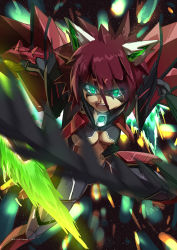 Rule 34 | 1girl, animal ears, breasts, charging forward, close-up, glowing, glowing eyes, green eyes, gundam, gundam epyon, gundam wing, highres, i.takashi, looking at viewer, mecha musume, mechanical ears, open mouth, personification, red hair, short hair, shouting, small breasts, solo, underboob