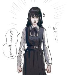 Rule 34 | 1girl, black hair, black ribbon, chainsaw man, dress, fourth east high school uniform, highres, kamo (kamonegioisi), long hair, looking at viewer, neck ribbon, open mouth, pinafore dress, ribbon, school uniform, shouting, simple background, sleeveless, sleeveless dress, solo, speech bubble, straight-on, translation request, white background, yoru (chainsaw man)
