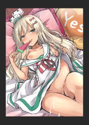 Rule 34 | 1girl, :p, absurdres, big belly, blonde hair, dress, food, food in mouth, fruit, grecale (kancolle), green eyes, highres, holding, holding food, kantai collection, kokutou nikke, lactation, long hair, looking at viewer, mouth hold, navel, popsicle, pregnant, ribbon, sailor collar, sailor dress, sleeveless, sleeveless dress, solo, striped neckwear, tan, tongue, tongue out, watermelon, watermelon bar, wavy hair, white dress, white ribbon, white sailor collar