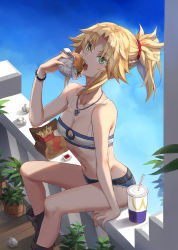 Rule 34 | 1girl, bag, balcony, bandeau, bare shoulders, belt, blue sky, boots, braid, breasts, burger, collarbone, cup, cutoffs, denim, denim shorts, drinking straw, eating, fast food, fate/apocrypha, fate (series), food, french braid, french fries, green eyes, hair ornament, hair scrunchie, highres, long hair, looking at viewer, mordred (fate), mordred (fate/apocrypha), mordred (memories at trifas) (fate), open mouth, paper bag, parted bangs, ponytail, red scrunchie, scrunchie, shorts, sidelocks, sitting, sky, small breasts, solo, tonee