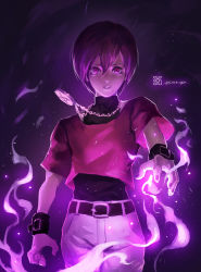 Rule 34 | 1boy, blue eyes, brown hair, child, chris, dark persona, earrings, fire, highres, jewelry, looking at viewer, male focus, necklace, orochi chris, purple eyes, purple theme, pyrokinesis, short hair, solo, the king of fighters, xiaoguimist