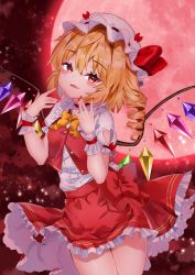 Rule 34 | 1girl, bad id, bad twitter id, bat (animal), blonde hair, bow, bowtie, buttons, clothing cutout, cloud, commentary request, cowboy shot, crystal, drill hair, fang, flandre scarlet, frilled shirt collar, frills, glint, hat, hat bow, hat ribbon, heart cutout, highres, looking at viewer, meteor (yamashou), mob cap, moon, nail polish, one side up, open mouth, partially unbuttoned, puffy short sleeves, puffy sleeves, red bow, red eyes, red moon, red nails, red ribbon, red skirt, red sky, red vest, ribbon, shirt, short hair, short sleeves, skirt, sky, smile, solo, thighs, touhou, vest, white hat, white shirt, wings, wrist cuffs, yellow bow, yellow bowtie