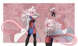 Rule 34 | 1girl, android 21, blue eyes, checkered clothes, checkered dress, colored skin, dragon ball, dragon ball fighterz, dress, earrings, ftw arts, highres, hoop earrings, jewelry, lab coat, licking lips, looking at viewer, majin android 21, pantyhose, pink skin, pointy ears, smile, solo, standing, tail, tongue, tongue out, white hair