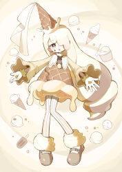 Rule 34 | 1girl, absurdres, bright pupils, brown dress, brown eyes, brown footwear, commentary request, dress, dripping, food, food-themed clothes, full body, gaogao (gaogaomegu), gloves, hair over one eye, highres, ice cream, ice cream cone, ice cream cone on head, jitome, knees together feet apart, long hair, long sleeves, looking at viewer, one eye covered, open mouth, original, personification, pinstripe pattern, popsicle, solo, spoon, striped, teardrop facial mark, very long hair, white gloves, white pupils, wide sleeves, yellow sleeves