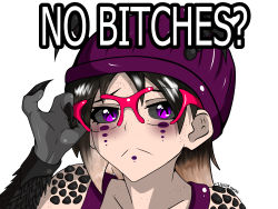 Rule 34 | absurdres, antennae, arthropod girl, beanie, brown hair, cpt.tester works, erica (cpt.tester), facial tattoo, frown, glasses, hat, highres, holding glasses, looking at viewer, meme, multicolored hair, no bitches? (meme), purple eyes, tattoo