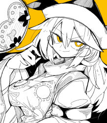 Rule 34 | 1girl, black hat, breasts, closed mouth, constellation print, drum, hair between eyes, hat, instrument, large breasts, long hair, massakasama, matara okina, simple background, smile, solo, spot color, tabard, touhou, tsuzumi, upper body, wide sleeves, yellow background, yellow eyes