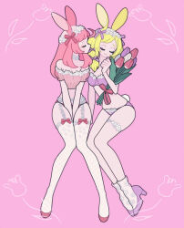 Rule 34 | 2girls, animal ears, ayase naru, bare shoulders, between legs, blonde hair, bouquet, bra, closed eyes, commentary request, crop top, facing another, flower, full body, hair ribbon, hand between legs, high heels, highres, holding, holding bouquet, imminent kiss, invisible chair, long hair, multiple girls, nyaasechan, panties, pink background, pink hair, pink ribbon, pretty rhythm, pretty rhythm rainbow live, pretty series, profile, purple bra, purple footwear, purple panties, purple ribbon, rabbit ears, rabbit tail, red flower, ribbon, shoes, sitting, smile, socks, tail, takanashi otoha, thighhighs, tulip, underwear, underwear only, white socks, white thighhighs, yuri