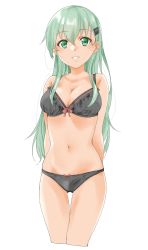 Rule 34 | 1girl, absurdres, aqua hair, arms behind back, black bra, black panties, bra, breasts, cleavage, cowboy shot, green eyes, hair ornament, hairclip, highres, kantai collection, large breasts, long hair, looking at viewer, maonatten, panties, simple background, smile, solo, suzuya (kancolle), underwear, underwear only, white background