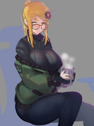 Rule 34 | 1girl, at2., black-framed eyewear, black sweater, blonde hair, blush, breasts, closed mouth, cup, denim, glasses, hair ornament, hairclip, highres, holding, holding cup, jeans, large breasts, long sleeves, looking at viewer, medium hair, original, pants, ponytail, revision, ribbed sweater, sidelocks, solo, sweater
