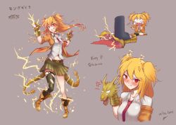 Rule 34 | 1girl, absurdres, arisia19, blonde hair, dragon girl, dragon tail, electricity, godzilla: king of the monsters, godzilla (series), highres, king ghidorah, lightning, lightning bolt symbol, monster girl, monsterverse, red eyes, ribbon, tail