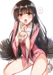Rule 34 | 1girl, :&gt;=, ?, bare legs, black hair, blunt bangs, blush, commentary request, fellatio gesture, full body, highres, hime cut, houraisan kaguya, long hair, long sleeves, looking at viewer, no pants, open mouth, oral invitation, panties, sidelocks, simple background, sitting, socks, solo, spoken question mark, straight hair, thighs, tksand, tongue, touhou, underwear, very long hair, wariza, white background, white panties, white socks, wide sleeves, yellow eyes