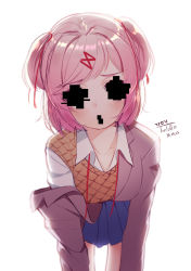 Rule 34 | 1girl, :o, artist name, bent over, blazer, blue skirt, blurry, blush, breasts, collarbone, collared shirt, covered eyes, covered mouth, dated, doki doki literature club, glitch, hair ornament, hairclip, heart, heart-shaped pupils, jacket, long sleeves, looking at viewer, medium breasts, miniskirt, natsuki (doki doki literature club), open mouth, orange vest, pink eyes, pink hair, pleated skirt, removing jacket, ribbon, school uniform, shirt, short hair, signature, simple background, skirt, solo, spoilers, symbol-shaped pupils, the cold, two side up, vest, white background, white shirt