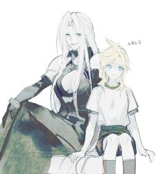Rule 34 | 2girls, age difference, armor, black coat, black shirt, black shorts, blonde hair, breasts, chinese text, cleavage, cloud strife, coat, commentary request, crossed legs, expressionless, final fantasy, final fantasy vii, genderswap, genderswap (mtf), green hair, grin, hand on own knee, height difference, high collar, highres, layered shirt, long bangs, long hair, looking to the side, medium breasts, multiple girls, open clothes, open coat, pale color, parted bangs, pauldrons, sephiroth, shirt, shorts, shoulder armor, sitting, sketch, slit pupils, smile, spiked hair, thighhighs, upper body, very long hair, white background, white shirt, xianyu314
