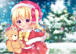 Rule 34 | 1girl, :d, blonde hair, blurry, blurry background, blush, bow, capelet, christmas, christmas ornaments, christmas tree, commentary request, crystal, depth of field, flandre scarlet, fur-trimmed capelet, fur trim, hair between eyes, hair bow, hat, holding, holding stuffed toy, long hair, looking at viewer, one side up, open mouth, red bow, red capelet, red eyes, red hat, red shirt, red skirt, rikatan, santa costume, santa hat, shirt, skirt, smile, snowflakes, solo, stuffed animal, stuffed toy, teddy bear, touhou, wings