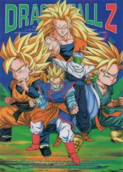 Rule 34 | 1990s (style), aqua eyes, blonde hair, boots, brothers, brown footwear, cape, character name, colored skin, copyright name, dougi, dragon ball, dragonball z, english text, father and son, fighting stance, green skin, grin, highres, long hair, long sleeves, male focus, medium hair, namekian, no eyebrows, non-web source, official art, outdoors, piccolo, pointy ears, red footwear, retro artstyle, saiyan, serious, short hair, siblings, single bang, sleeveless, smile, son gohan, son goku, son goten, spiked hair, super saiyan, super saiyan 3, toei animation, trunks (dragon ball), turban, wristband