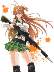 Rule 34 | 1girl, antenna hair, battle rifle, bayonet, breasts, brown eyes, brown hair, fingerless gloves, gloves, gun, highschool of the dead, holding, holding gun, holding weapon, large breasts, long hair, looking at viewer, m-21, m14, miyamoto rei, plaid, plaid skirt, prime, revision, rifle, school uniform, scope, shirt, skirt, sniper rifle, solo, taut clothes, taut shirt, weapon