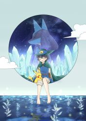 1boy 78628205 ash_ketchum barefoot black_eyes black_hair blue_hat bright_pupils cape closed_eyes cloud commentary cosplay creatures_(company) crystal english_commentary facial_mark feet game_freak gen_1_pokemon gen_4_pokemon hat highres lucario male_focus nintendo open_mouth pikachu pokemon pokemon:_lucario_and_the_mystery_of_mew pokemon_(anime) pokemon_(creature) pokemon_rse_(anime) reflection reflective_water shorts sir_aaron sir_aaron_(cosplay) sitting toes water white_pupils