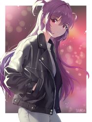Rule 34 | 1girl, alternate costume, artist name, border, damda, denim, expressionless, fate/grand order, fate (series), hair intakes, hands in pockets, jacket, jeans, leather, leather jacket, long hair, open clothes, open jacket, pants, purple hair, red eyes, ribbed sweater, scathach (fate), short sidetail, solo, sweater, two side up, white border, aged down, zipper