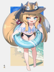 Rule 34 | 1girl, animal ear fluff, animal ears, bare legs, bare shoulders, barefoot, beach, bikini, black bikini, black bow, bow, brown hair, brown hat, collarbone, commentary, commission, ears through headwear, fox ears, fox girl, fox tail, full body, hair bobbles, hair ornament, hat, hat bow, highres, innertube, kuro kosyou, long hair, looking at viewer, low twintails, original, sand, see-through, short eyebrows, side-tie bikini bottom, skeb commission, solo, standing, sun hat, swim ring, swimsuit, tail, thick eyebrows, twintails, very long hair, water