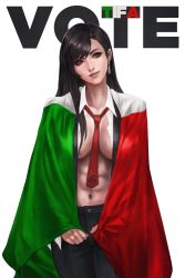 Rule 34 | 1girl, absurdres, between breasts, black hair, breasts, english text, final fantasy, final fantasy vii, final fantasy vii remake, flag, highres, italian flag, italian senate porn livestream (meme), italian senate porn livestream (meme), long hair, looking to the side, makeup, meme, monori rogue, navel, necktie, red eyes, red tie, simple background, solo, square enix, tifa lockhart, toned, white background