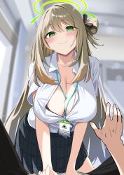 Rule 34 | 1girl, absurdres, black skirt, blue archive, blush, breasts, cleavage, collared shirt, commentary request, green eyes, green halo, halo, highres, id card, large breasts, light brown hair, long hair, mizumok1, nonomi (blue archive), open mouth, pleated skirt, shirt, short sleeves, skirt, smile, solo focus, white shirt