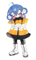 Rule 34 | 1girl, black legwear, blue hair, blush stickers, boots, closed eyes, frog hair ornament, full body, hair between eyes, hair ornament, hands up, kero-chan (lunch), long sleeves, lunch (lunchicken), original, simple background, smile, solo, standing, white background, white footwear