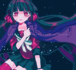Rule 34 | 1girl, black background, black sailor collar, black skirt, blunt bangs, crying, danganronpa (series), danganronpa v3: killing harmony, earrings, english text, hair ornament, hair scrunchie, hairclip, hand up, harukawa maki, highres, invisible chair, jacket, jewelry, long hair, long sleeves, miniskirt, pink jacket, pisapipi, pleated skirt, red eyes, red scrunchie, red shirt, red thighhighs, sailor collar, scrunchie, shirt, sitting, skirt, solo, space, space print, starry sky print, tears, thighhighs, twintails, very long hair