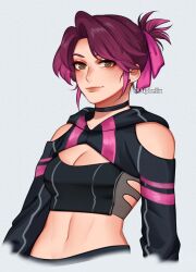 Rule 34 | 1girl, aiphelix, animification, bare shoulders, black choker, blush, breasts, brown eyes, choker, commentary, crop top, dead by daylight, earrings, english commentary, eyeliner, folded ponytail, highres, jewelry, kimura yui, large breasts, long hair, long sleeves, looking at viewer, navel, pink hair, red eyeliner, simple background, smile, stud earrings, updo, upper body