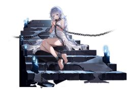Rule 34 | 1girl, avrora (azur lane), avrora (shackled saule) (azur lane), azur lane, bare shoulders, barefoot, bdsm, blue eyes, blush, bondage, bound, braid, breasts, bruise, candle, chain, collar, cuffs, dress, dungeon, feet, full body, hair ornament, injury, kaede (yumesaki kaede), large breasts, leash, long hair, looking at viewer, official alternate costume, official art, own hands together, shackles, silk, silver hair, sitting, slave, solo, spider web, stairs, torn clothes, torn dress, transparent background, twin braids, very long hair, white dress