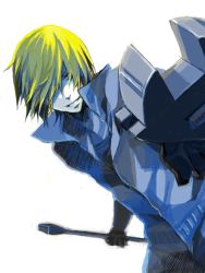 Rule 34 | 00s, 1boy, artist request, baccano!, blonde hair, blue eyes, graham specter, hair over one eye, jumpsuit, male focus, simple background, smile, solo, white background, wrench