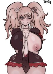 Rule 34 | 1girl, bear hair ornament, breasts, cleavage, covered erect nipples, danganronpa (series), enoshima junko, female focus, grey eyes, hair ornament, highres, huge breasts, licking lips, long hair, looking at viewer, miniskirt, necktie, one breast out, one eye closed, ribbon, skirt, solo, theoddyss, thick thighs, thighs, tongue, tongue out, twintails, wide hips, wink