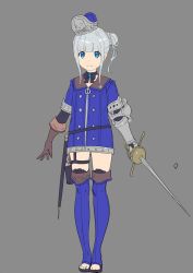 Rule 34 | 1girl, arms at sides, black choker, black ribbon, blue eyes, blue footwear, blue jacket, blunt bangs, boots, bow, bow choker, brown gloves, buttons, choker, closed mouth, double-breasted, enkyo yuuichirou, full body, gauntlets, gloves, grey background, grey hair, gun, hair bun, hair ribbon, handgun, hat, holding, holding sword, holding weapon, holster, jacket, knee boots, leg strap, legs together, looking at viewer, mini hat, original, rapier, revolver, ribbon, scabbard, sheath, side bun, sidelocks, single gauntlet, single side bun, smile, solo, standing, sword, thigh strap, toeless footwear, unsheathed, weapon, zipper