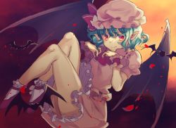 Rule 34 | 1girl, bat wings, blue hair, bow, curly hair, dress, eyebrows, female focus, frilled dress, frilled hat, frilled socks, frills, hair ornament, hat, highres, legs, looking at viewer, moon, necktie, night, night sky, orange moon, petals, pink dress, pointy ears, red bow, red eyes, red sky, remilia scarlet, sayuki momone, shoes, short hair, sky, smile, socks, touhou, vampire, wings, wrist cuffs, wristband