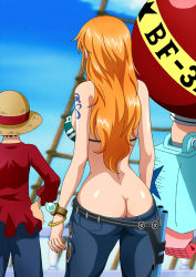 Rule 34 | 1girl, 2boys, ass, bikini, breasts, butt crack, day, franky (one piece), from behind, hat, highres, large breasts, log pose, long hair, monkey d. luffy, multiple boys, nami (one piece), no panties, one piece, orange hair, outdoors, pants, rider (orange couture), shiny skin, sky, straw hat, striped bikini, striped clothes, swimsuit, tattoo
