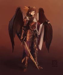 Rule 34 | 1girl, absurdres, alternate costume, arddingo, armor, armored boots, bird wings, black gloves, black wings, boots, bow, breastplate, brown background, brown hair, cape, commentary, english commentary, fingerless gloves, full body, gauntlets, gloves, hair bow, highres, holding, holding sword, holding weapon, knight, leg armor, long hair, looking at viewer, parted lips, pauldrons, ponytail, red eyes, reiuji utsuho, shoulder armor, signature, smile, solo, standing, starry sky print, sword, touhou, touhou lostword, weapon, white cape, wings, yellow bow