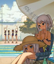 Rule 34 | 5girls, blue eyes, bodysuit, bottle, breast hold, breasts, chain-link fence, chair, cosplay, costume, dachaku, fence, hat, kigurumi, long hair, mask, multiple girls, open mouth, original, outdoors, pool, silver hair, sitting, skinsuit, smile, straw hat, stretching, sweat, swimsuit, tongue, umbrella, water, zentai
